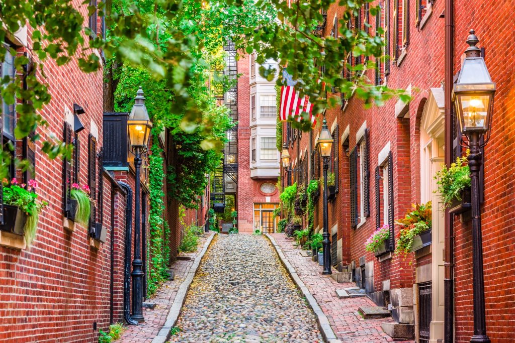 Historic brownstone homes in Beacon Hill, Boston neighborhood