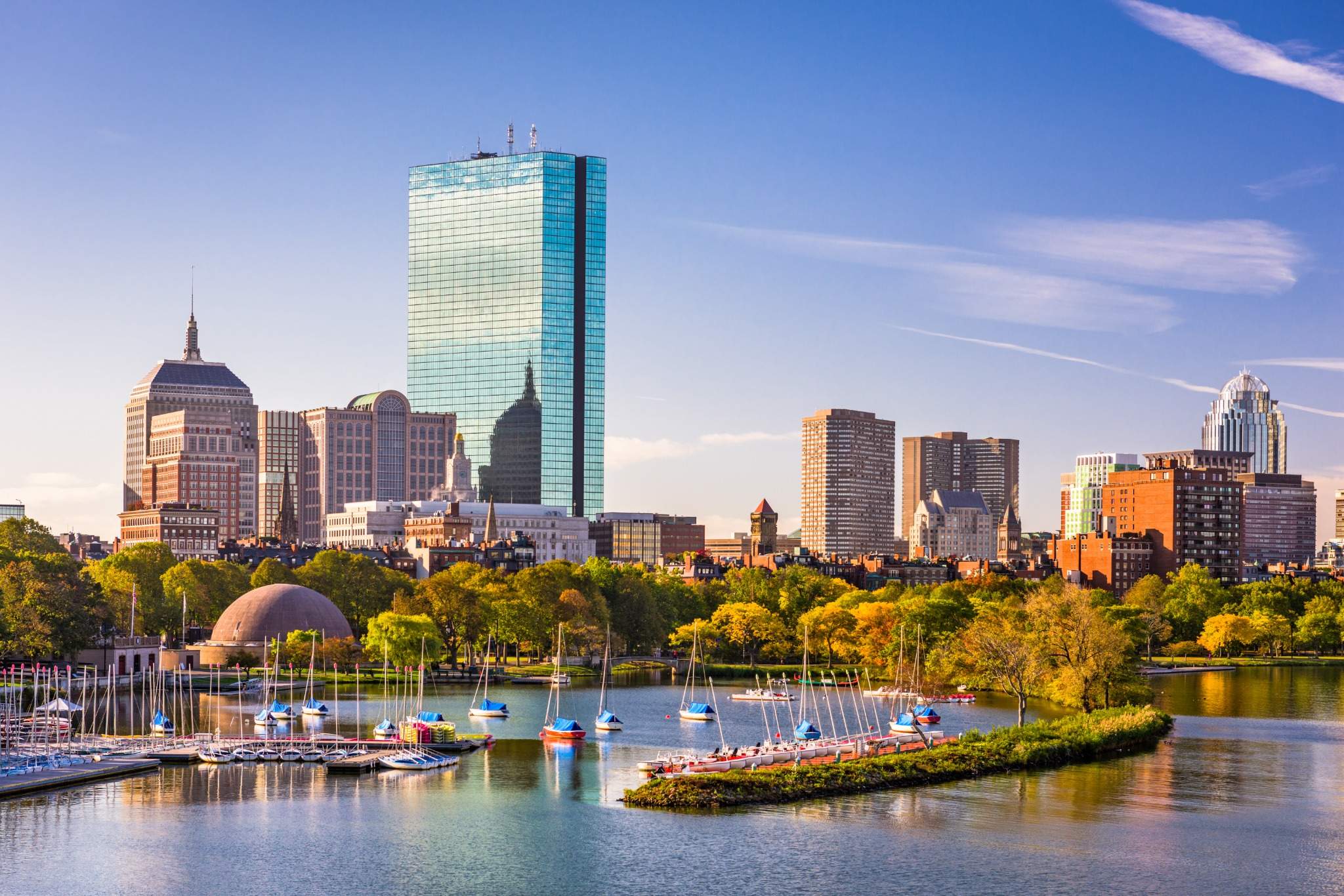 View of Boston skyline with the John Hancock Tower and Charles River from Cambridge