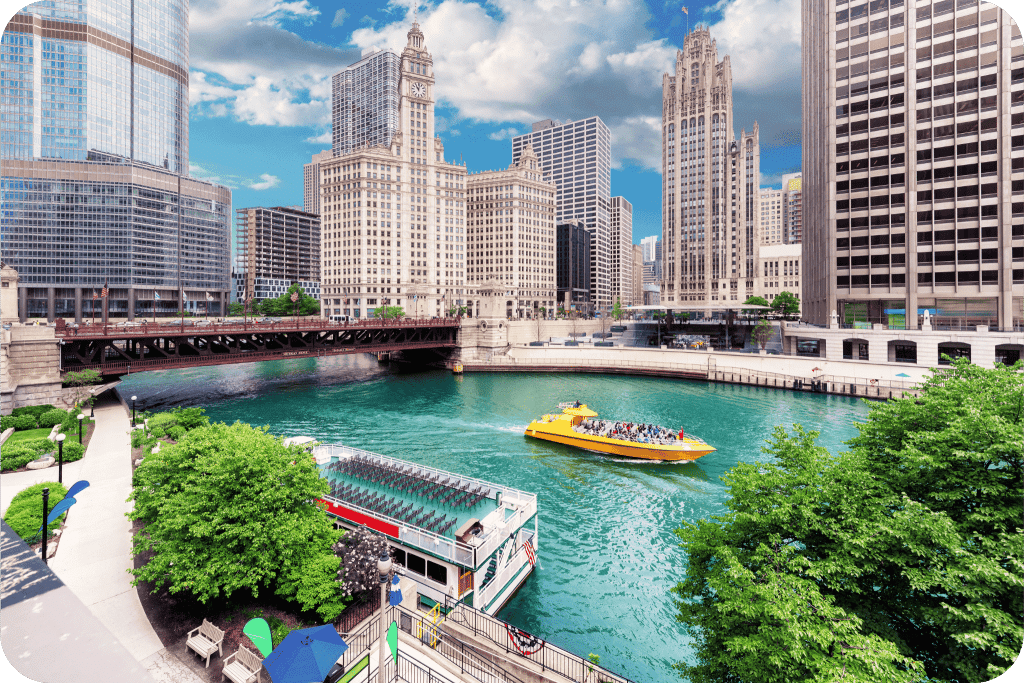 Downtown Chicago skyline with river view during daytime