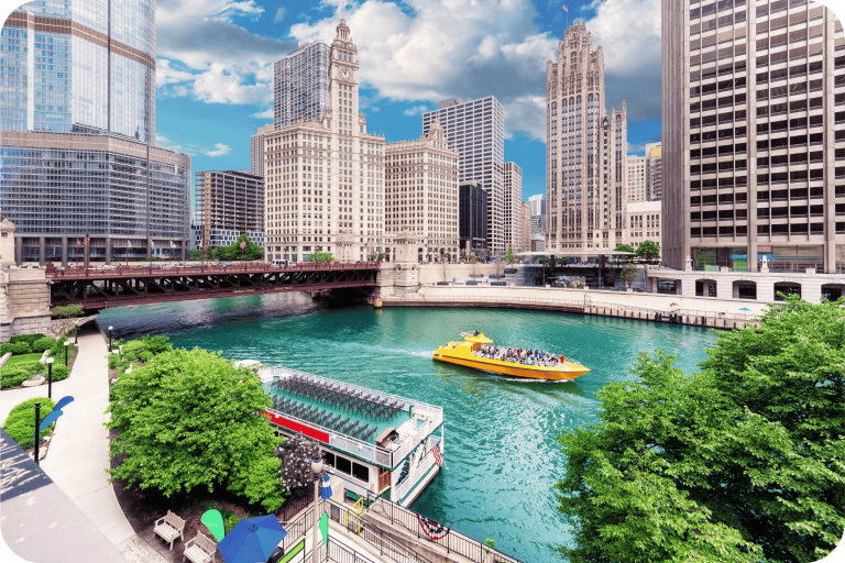 Downtown Chicago skyline with river view during daytime