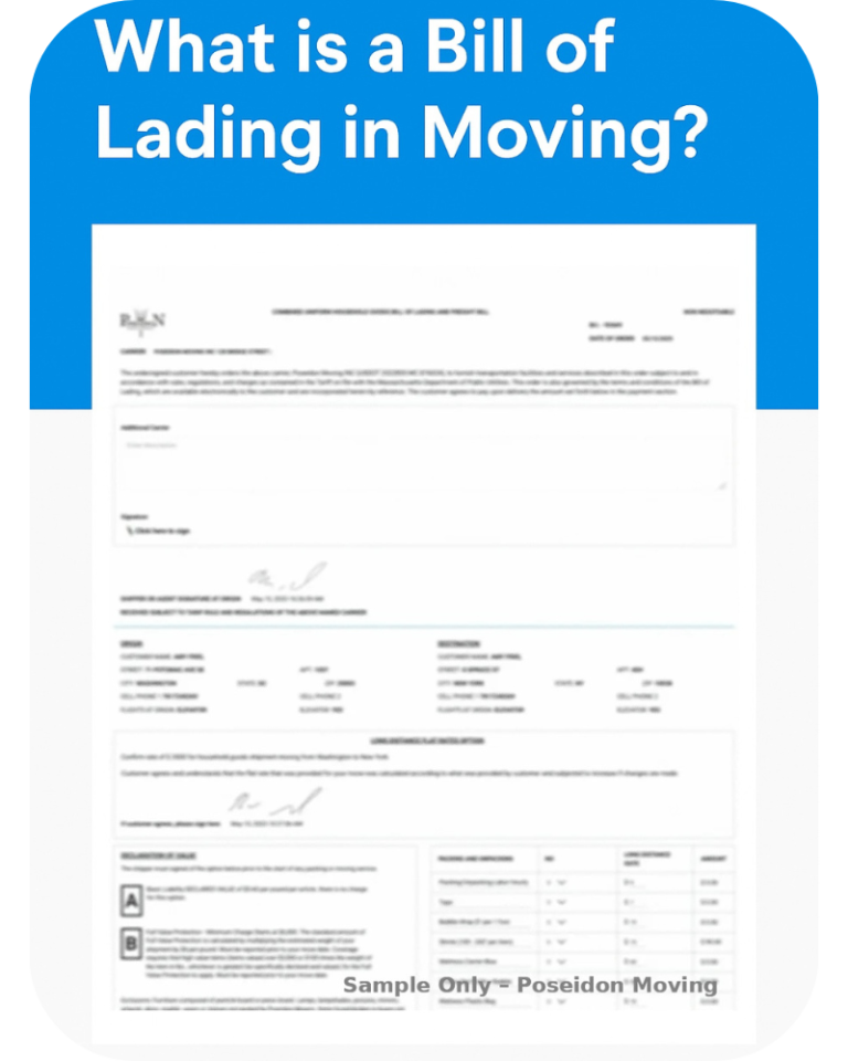 Sample Bill of Lading from Poseidon Moving showing typical layout and terms for a household goods move