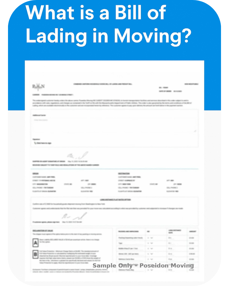 Sample Bill of Lading from Poseidon Moving showing typical layout and terms for a household goods move