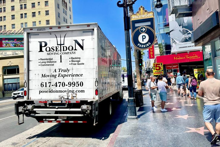Poseidon Moving Company truck on the Hollywood Walk of Fame in Los Angeles, California.